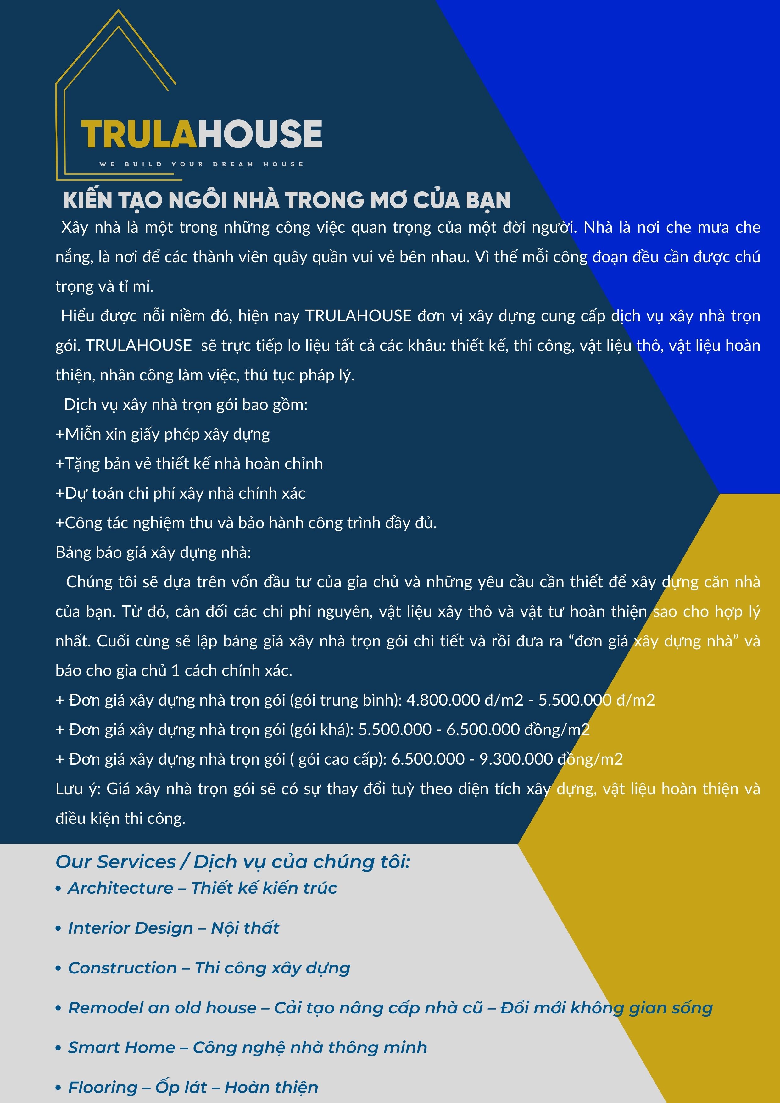 Bảng giá xây nhà trọn gói TrulaHouse